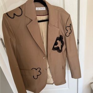 Tan Blazer with Black Embroidery and Structured Design